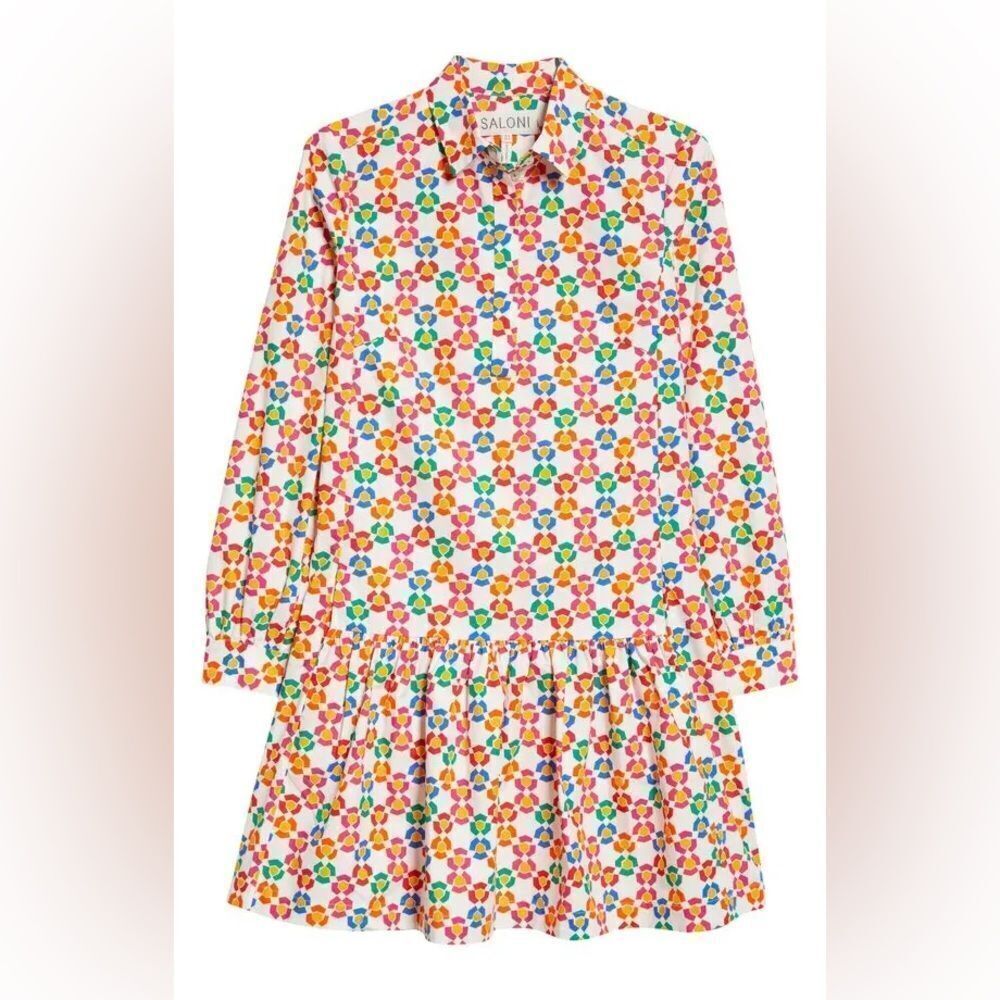 Saloni Geometric Long Sleeve Poplin Shirtdress Ruffle Hem US 4